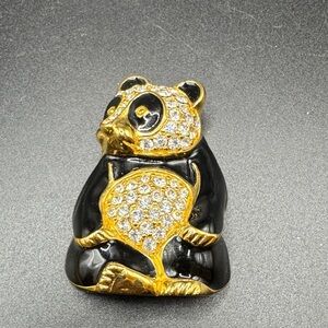 Vtg  TRIFARI Gold Tone Black Enamel Panda Clear Rhinestones Brooch